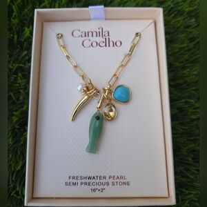 Camila Coelho Gold Charm Necklace Freshwater Pearl Semi-Precious Stone 16”+2”